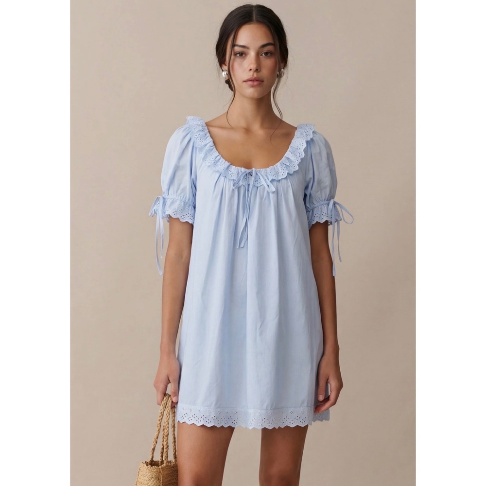 Kourt Women Light Blue Eyelet Lace Ruffle Mini Dress Cotton S K25WDRS04100